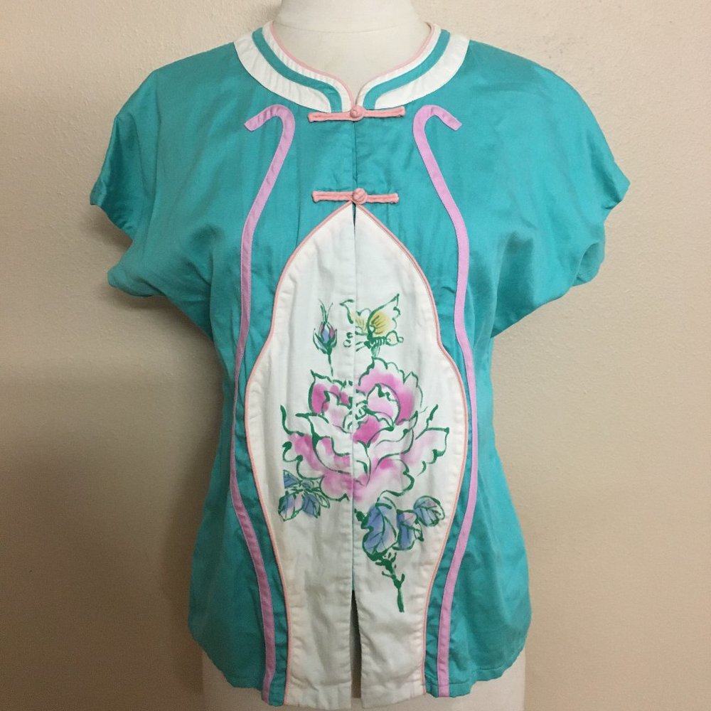 Vintage turquoise Pink Cheongsam short sleeve snap button top Floral flower
